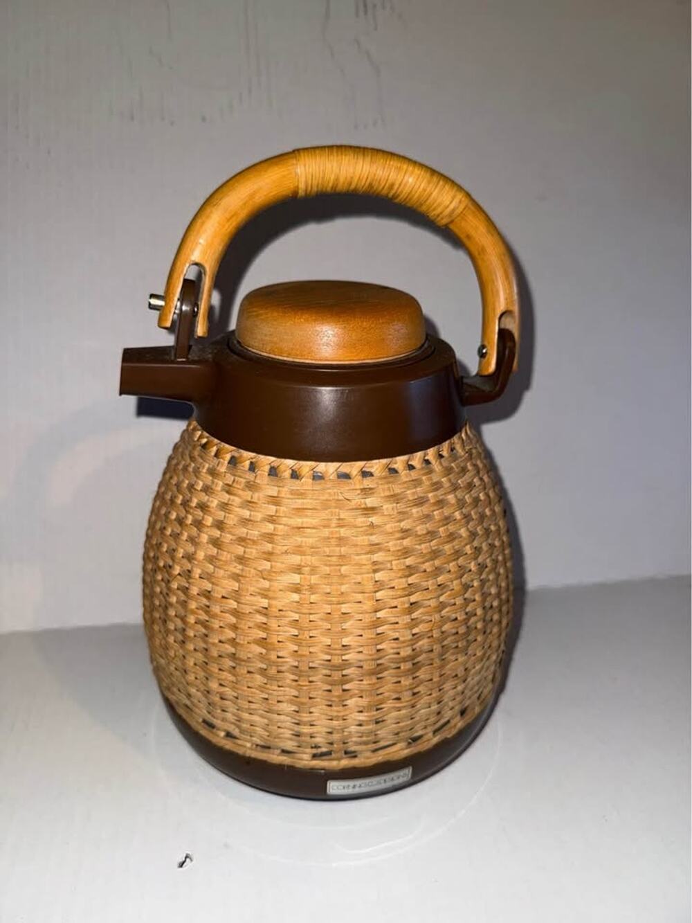 Vintage Corning Designs Rattan Wicker Coffee Carafe Tea Pot Bamboo Made In Japan